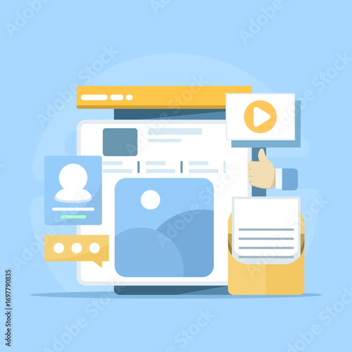 Flat vector illustration showing social media marketing and management. Concepts include email campaigns, digital strategy, SMM, brand analysis, and planning for successful online marketing.