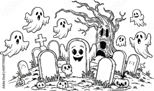 Spooky halloween graveyard scene with ghosts pumpkins and a haunted tree drawing