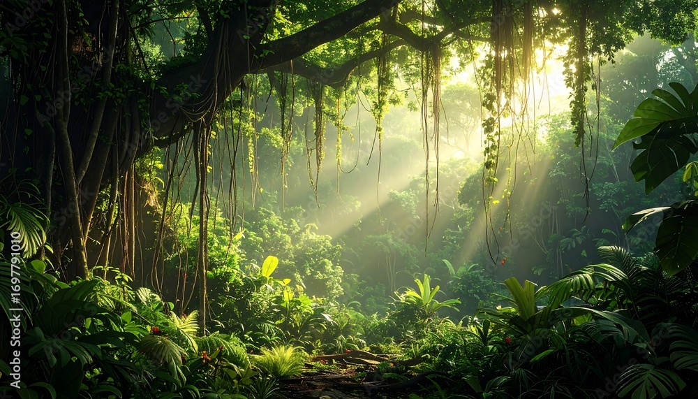 Fototapeta premium Lush jungle scene bathed in sunlight
