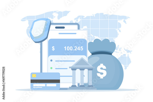 Flat vector illustration of mobile banking and online payment concept. payment cards, e-wallets, e-commerce purchases, and digital transactions for fast, secure, and convenient financial operations.