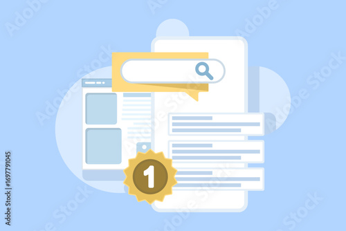Search engine optimization concept. Programmatic SEO, featured snippets, AI-powered search with zero-click results. Strategy to achieve top ranking in modern SGE environment.