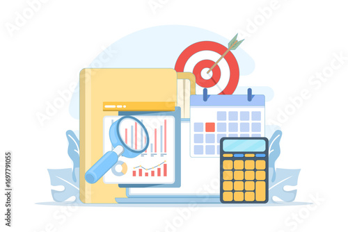 accounting and audit concept. analyzing documents, charts, and graphs on a laptop, with magnifying glass, calculator, and calendar representing business finance, investment, and financial analysis.