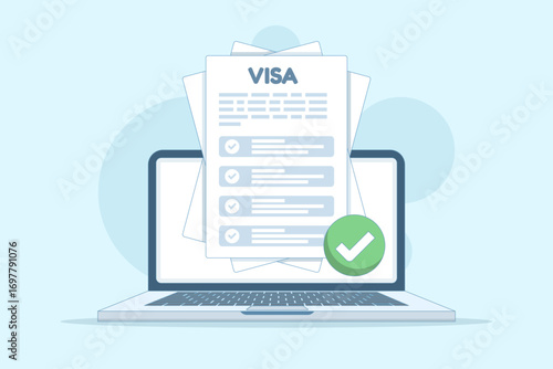Vector illustration of online visa approval. Digital device showing approved travel document with stamp, symbolizing electronic authorization for foreign trips and international travel permits.
