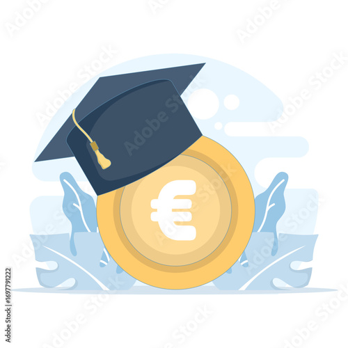 Flat vector of education and tuition fees concept. Euro coins, graduation cap, and diploma certificate symbolizing student fees, scholarships, college payments, and higher education expenses.