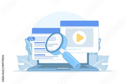 Flat vector illustration of searching through a computer concept. Modern digital workflow, data lookup, file exploration, and online information retrieval in a clean flat design style.