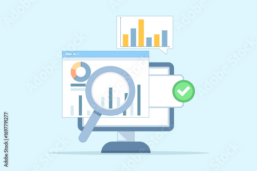 Flat cartoon vector illustration of performance data analysis. Depicts investment reports, marketing research, and business performance studies, symbolizing growth insights and evaluation services.