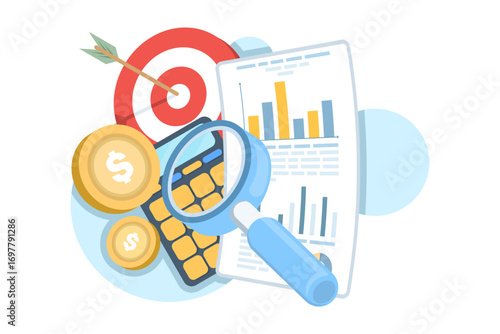 Financial audit and data analysis concept. Accountant reviewing reports, diagrams, and charts for business budget, market statistics, and performance evaluation in a modern illustration.