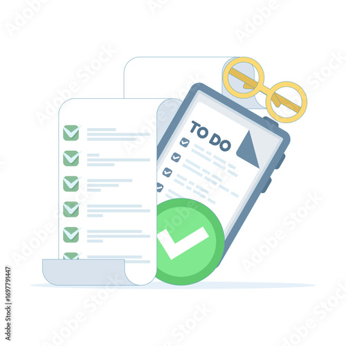 Flat vector illustration of to-do list and planning concept. Paper sheets with check marks representing completed tasks, organized workflow, productivity, and task management in a flat icon style.