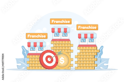 Illustration of franchise business concept with store, startup growth strategy, and expansion planning. Represents SME development, crowdfunding, and company opportunities for franchise sales.