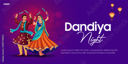 Garba Night poster for Navratri Dussehra festival of India. vector illustration design of peoples playing Dandiya dance.