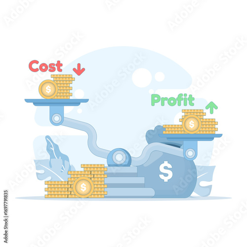 Flat vector illustration of cost reduction and profitability growth concept. Business savings, financial efficiency, and strategies to cut expenses for higher profit and sustainable success.