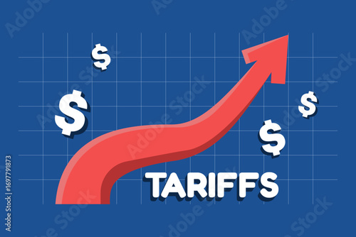 Vector illustration of rising tariffs and economic growth. Red upward arrow with flying banknotes symbolizes stock market increase, price inflation, and changes in US economy.