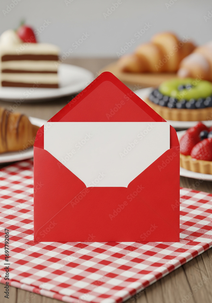 Fototapeta premium A blank white card is presented in a bright red envelope, a simple, classic, and elegant mockup for an invitation, greeting card, or special announcement.