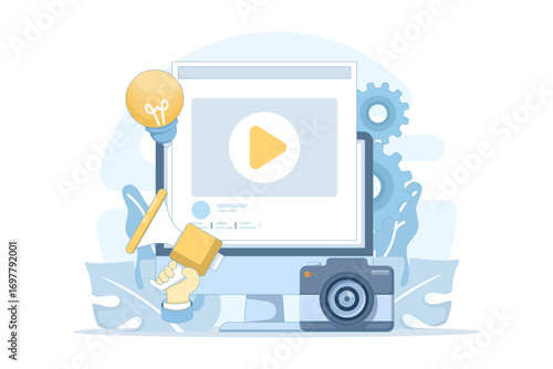 Flat vector illustration of video marketing concept. Business promotion, marketing strategy, news, courses, product endorsements, and digital advertising for online campaigns and brand growth.