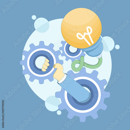 Flat vector illustration of process improvement concept. Entrepreneur adjusts system with tools to enhance productivity, efficiency, and performance for better development and growth.