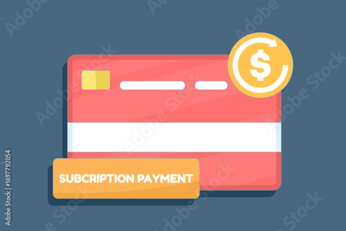 Flat vector icon of subscription payment. payment card with circular arrow symbolizing recurring monthly fees, regular billing cycle, and modern concept of automated subscription services.