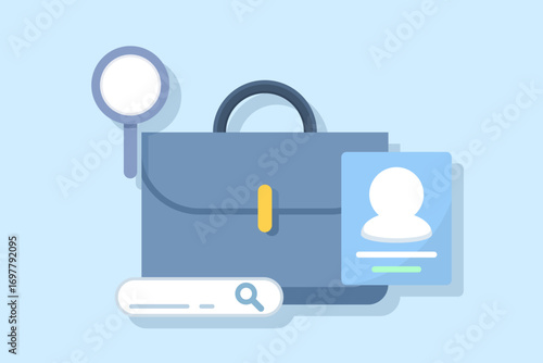 Job search and recruitment concept illustration. Magnifying glass over briefcase and search bar represent hiring services, career opportunities, and employment search process.