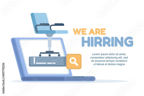 Job recruitment banner showing four vacant office chairs. Hiring new staff, job application opportunities, and open positions announcement for candidates seeking employment.