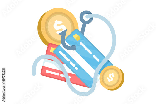 Flat vector illustration of account balance theft concept. ATM cards and coins being stolen with hook, symbolizing online fraud, financial crime, and unauthorized access to banking information.