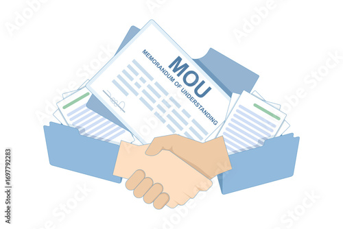 Flat vector illustration of business agreement. Handshake in front of document folder symbolizes signed MOU, representing partnership, cooperation, and shared commitment in professional relations.