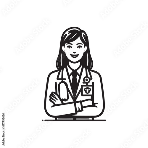 Smiling Female Doctor in Simple Line Art Style.