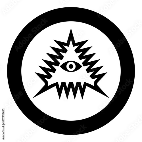 Mason symbol occult emblem of masonic Illuminati triangle all seeing eye of vision providence sacred sign in pyramid in triangle secret concept icon in circle round black color vector illustration 