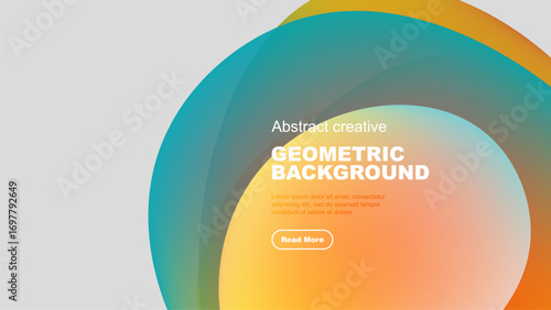 Abstract design features overlapping colorful circles. Text reads Geometric Background with sample text, plus button. Modern, vibrant composition.