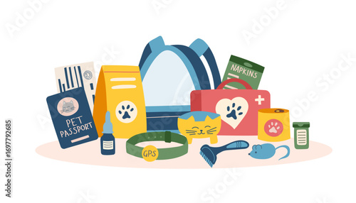 Background of cats accessories isolated on white background. The concept of pet care. The concept of travel with cat. Vector flat template.