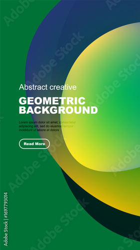 Abstract geometric background features vibrant green, yellow, blue gradients. Text overlay includes sample content, button. Modern design.