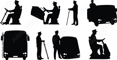 Silhouettes of Bus Drivers and Buses Vector Set