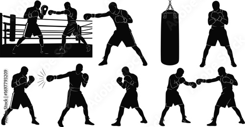 Silhouettes of boxers training, sparring in boxing ring, throwing punches, fighting stance, punching bag, vector sports illustration set.