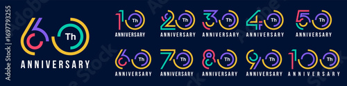 collection anniversary 10 to 100 year logo designs. abstract number for celebration event, wedding, greeting card, and invitation, vector illustration