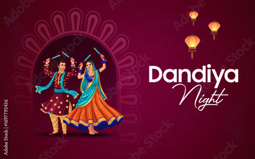 Garba Night poster for Navratri Dussehra festival of India. vector illustration design of peoples playing Dandiya dance.
