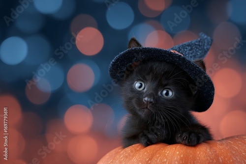 A captivating black kitten, adorned with a witch's hat, sits atop a vibrant orange pumpkin, against a backdrop of soft, bokeh lights.