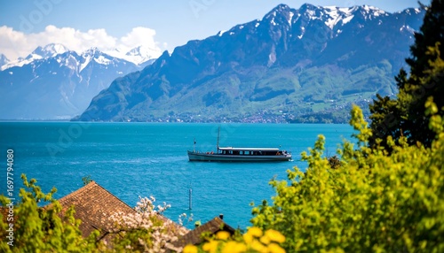 Lakeside scenery with mountains and a boat
