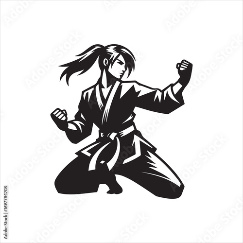 Stylized Karate Practitioner in Kneeling Stance with Fists Raised.