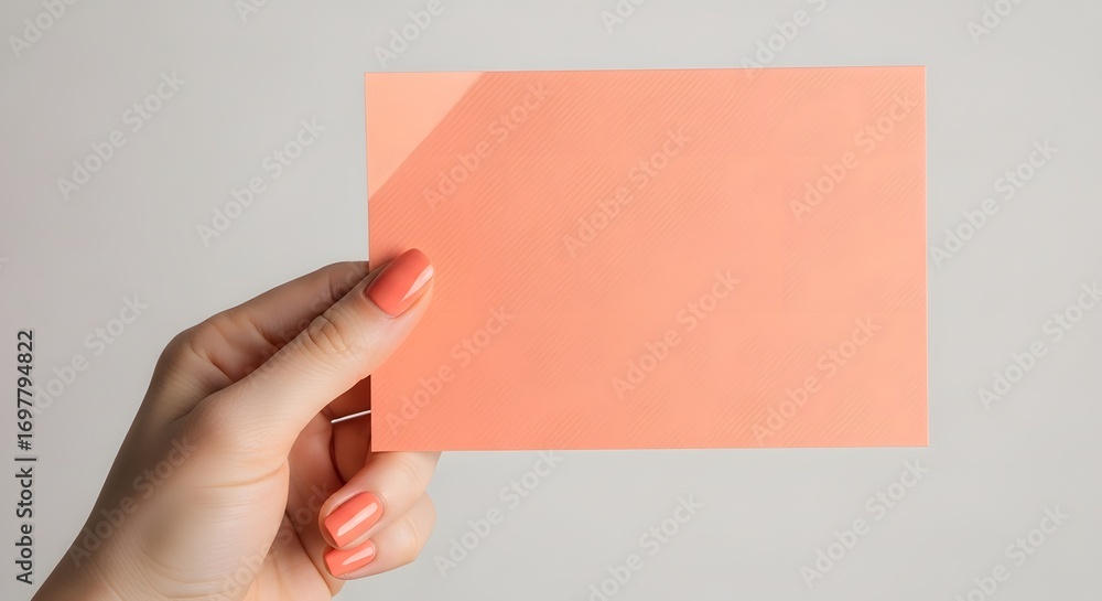 Obraz premium Hand holding an orange card for presentation or message with painted nails on a light background