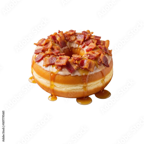 A perfect maple-glazed donut with crispy bacon bits, maple syrup, and sea salt on a white plate, isolated on transparent, 45-degree angle, bright diffused light, gourmet food concept