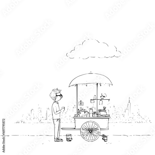 A man with glasses stands by a food cart with an umbrella and a cloud above a cityscape skyline view