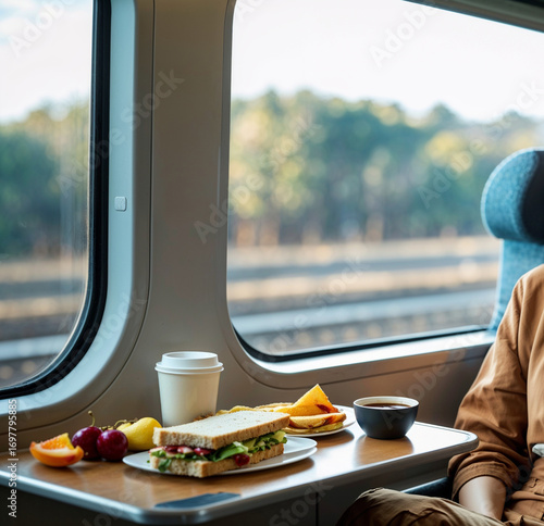 Breakfast on train with sandwich, fruit and coffee