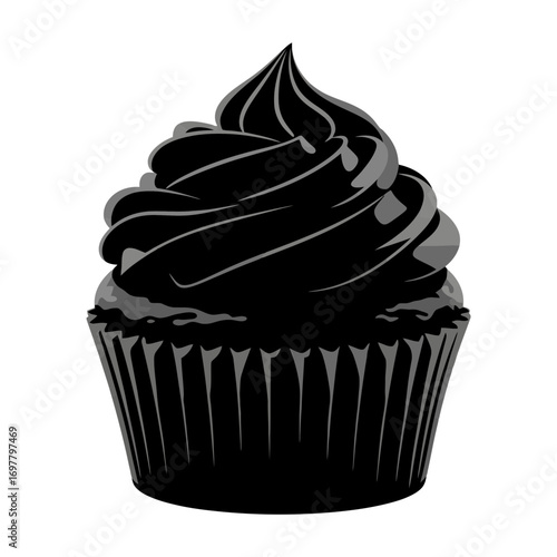 Stylized black cupcake with swirled frosting on white background