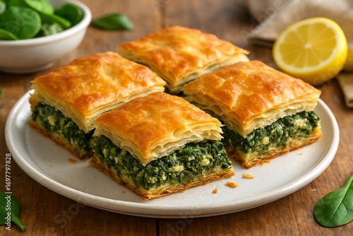 Four Pieces Of Spinach Pie With Golden Crust Served On White Plate