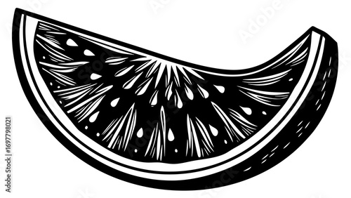 A black and white graphic illustration of a slice of watermelon with seeds and rind detail created with generated ai