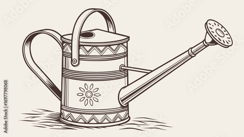 Illustration of a vintage watering can with a long spout and decorative geometric and floral patterns created with generated ai
