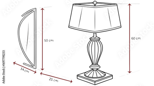 Illustration showing a lamp with a square shade and a curved object with dimensions indicated created with generated ai
