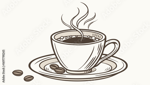 Illustration of a steaming coffee cup on a saucer with coffee beans scattered around it on a white background created with generated ai