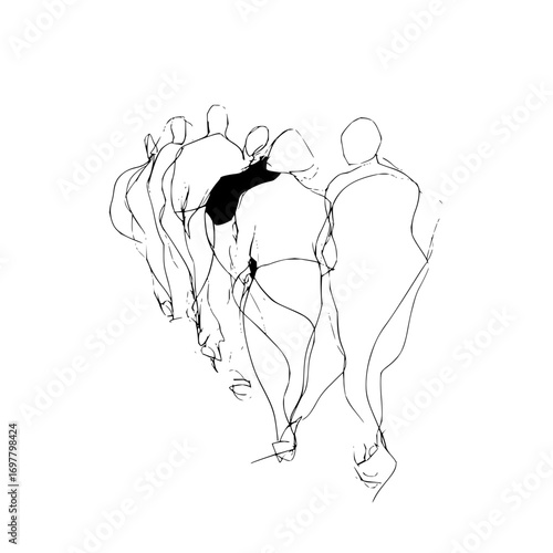 A sketch of several figures walking away with one wearing a dark top in a black and white illustration
