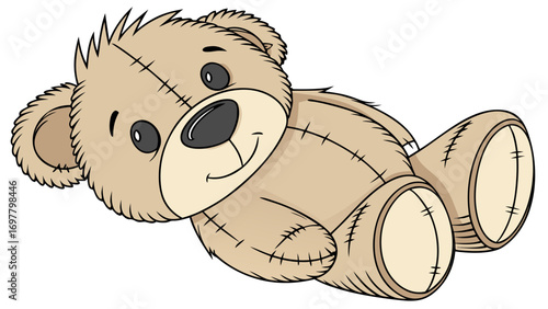 A light brown teddy bear with black eyes and nose lying on its side with stitched details is pictured created with generated ai