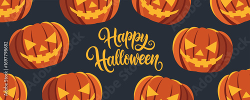 Happy Halloween banner. Hand lettering and scary halloween pumpkins. Festive graphic design for spooky holiday greetings and invitations. Vector illustration.