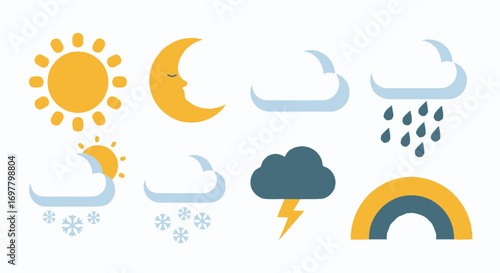 Weather Icons Set Sun Moon Clouds Rain Snow Thunderstorm and Rainbow.
